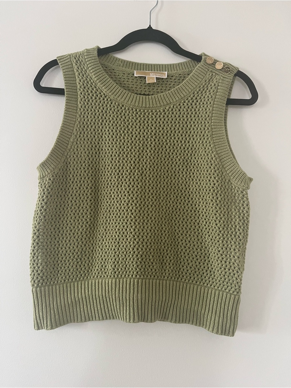 Michael Kors Sage Green Crochet Knit Sweater Vest Medium Gold Button Coastal